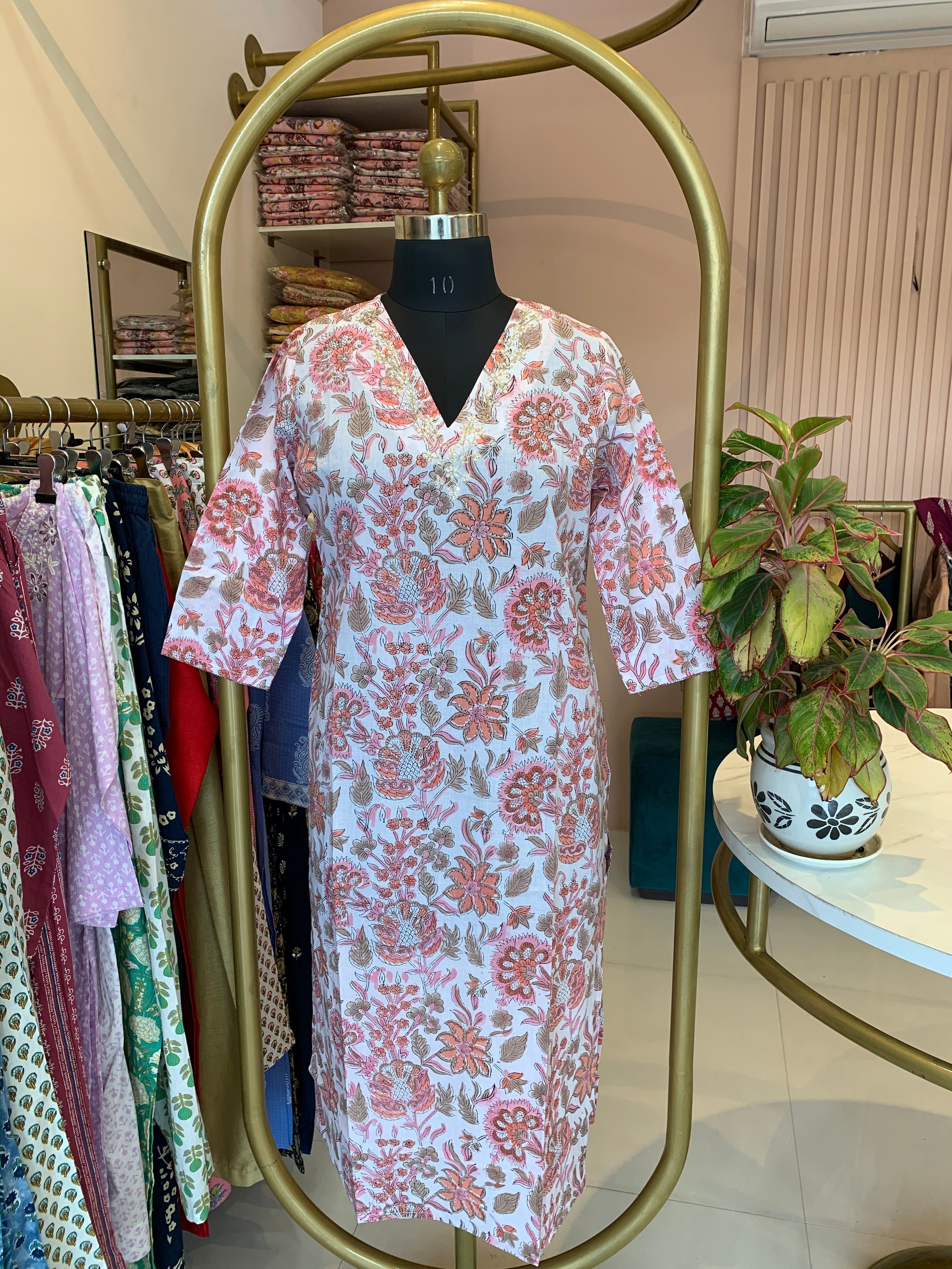 "Peachy Elegance" Hand Work Embellished Cotton kurta