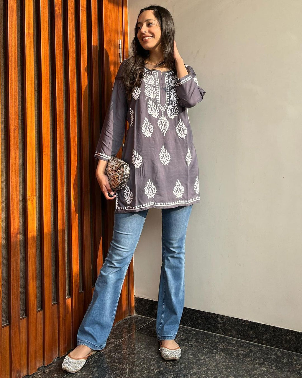 Women Chikan Embroidery Cotton A-line Kurta (Greay) 43