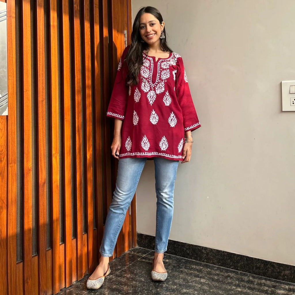 Women Chikan Embroidery Cotton A-line Kurta (Maroon) 44