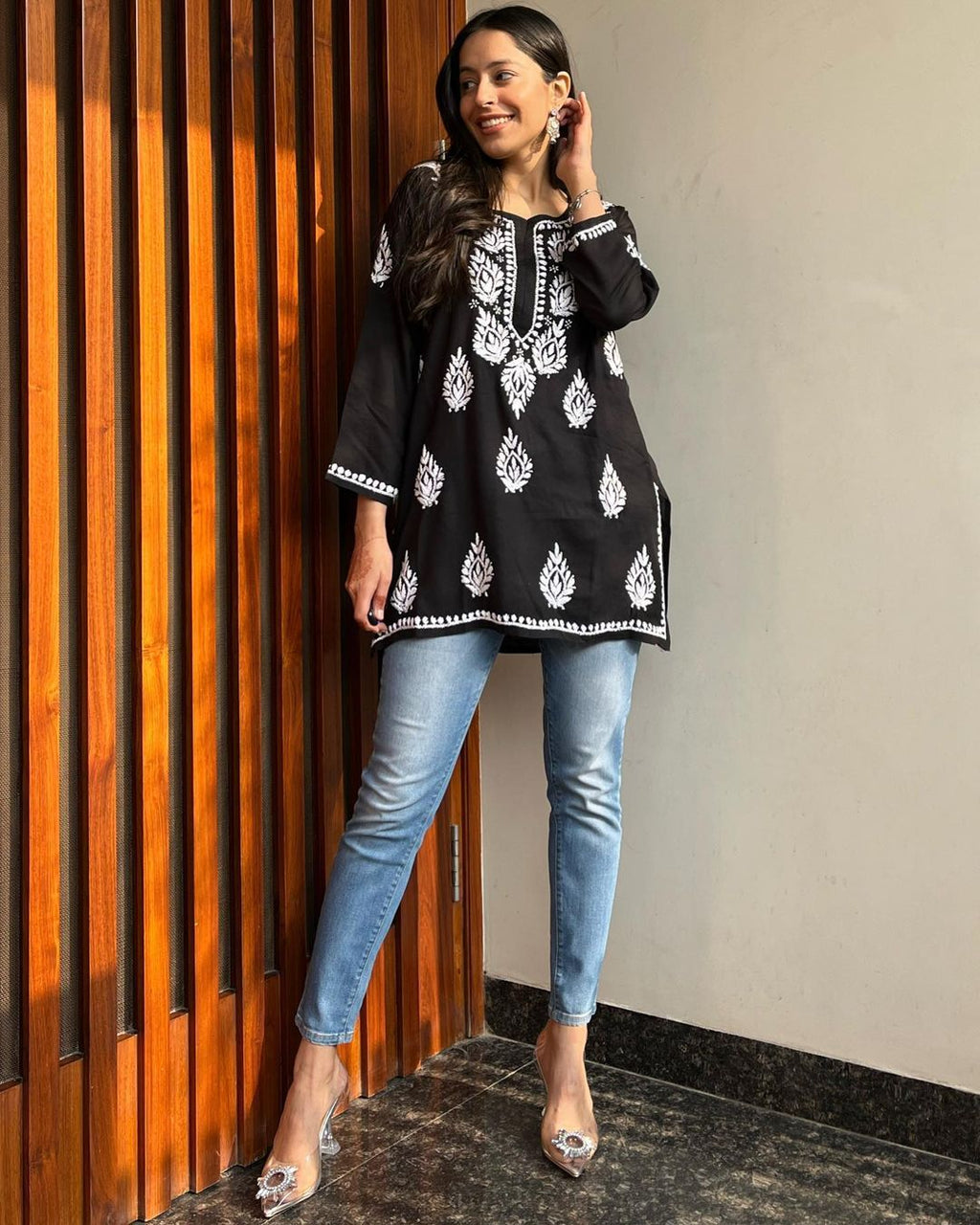 Women Chikan Embroidery Cotton A-line Kurta  (Black) 42