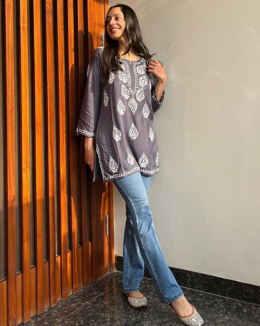 Women Chikan Embroidery Cotton A-line Kurta (Greay) 43